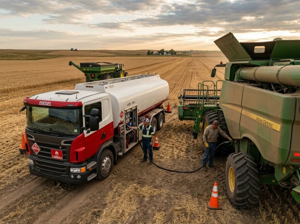 Trator agrícola recebendo abastecimento de diesel direto na lavoura.